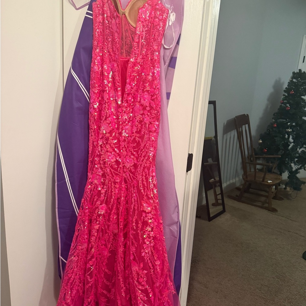 Hot Pink Sequin Floral Mermaid Gown